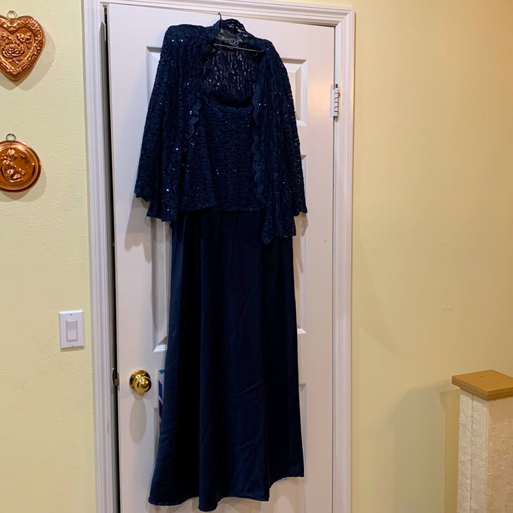 Alex Evenings full length navy gown with lace jacket. Wedding/cocktail/holiday